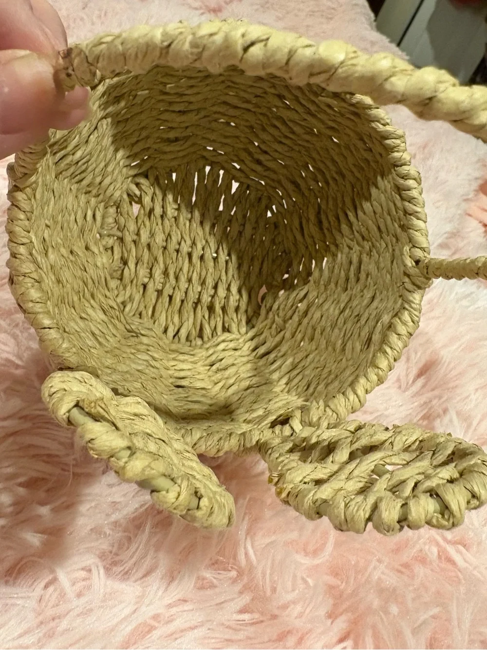 Homemade woven wicker and rattan bunny ear baskets.